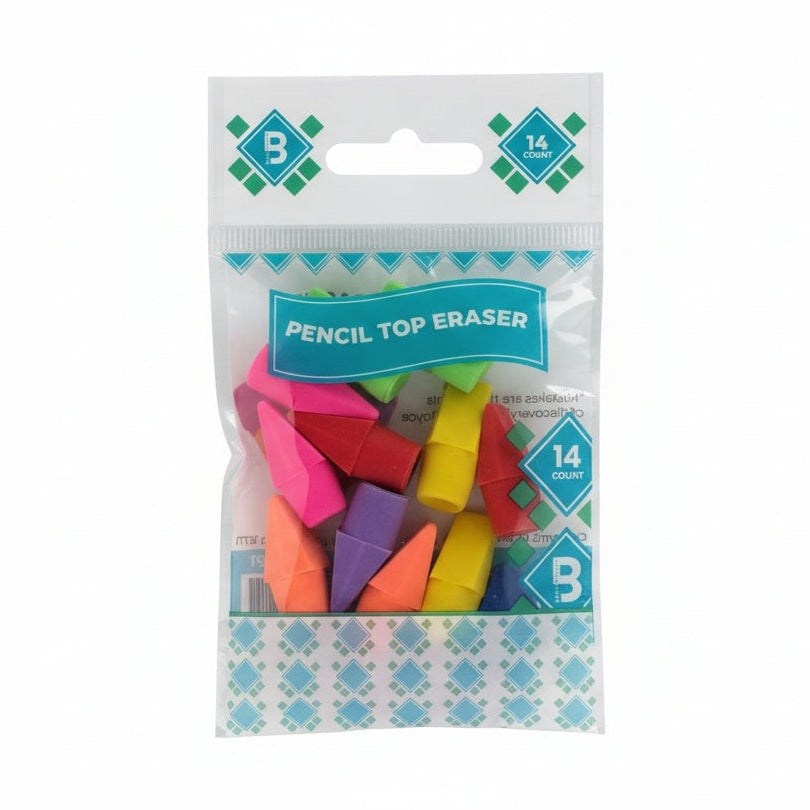 Packaged pencil top erasers in various colors with a visible brand logo.